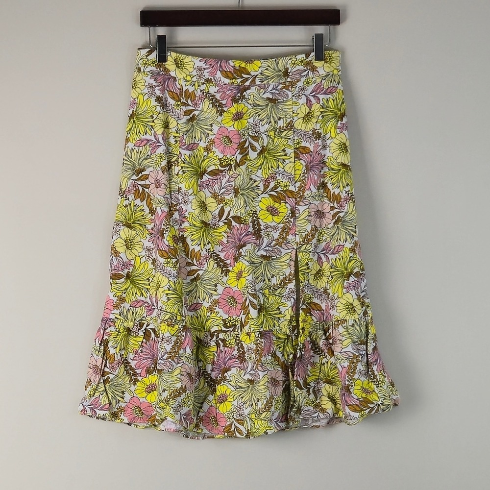 Loft Outlet Petite Floral Midi Skirt Yellow Pink Elastic Waist Slit Size MP